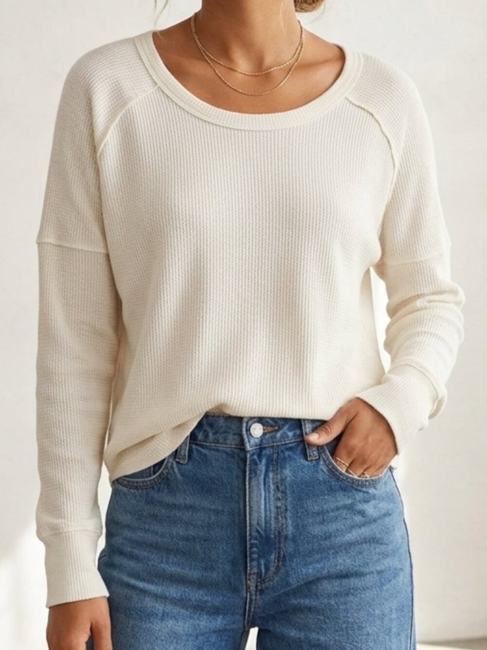 Aritzia TNA Alder Thermal Waffle Knit Scoop Neck Top White Size XS